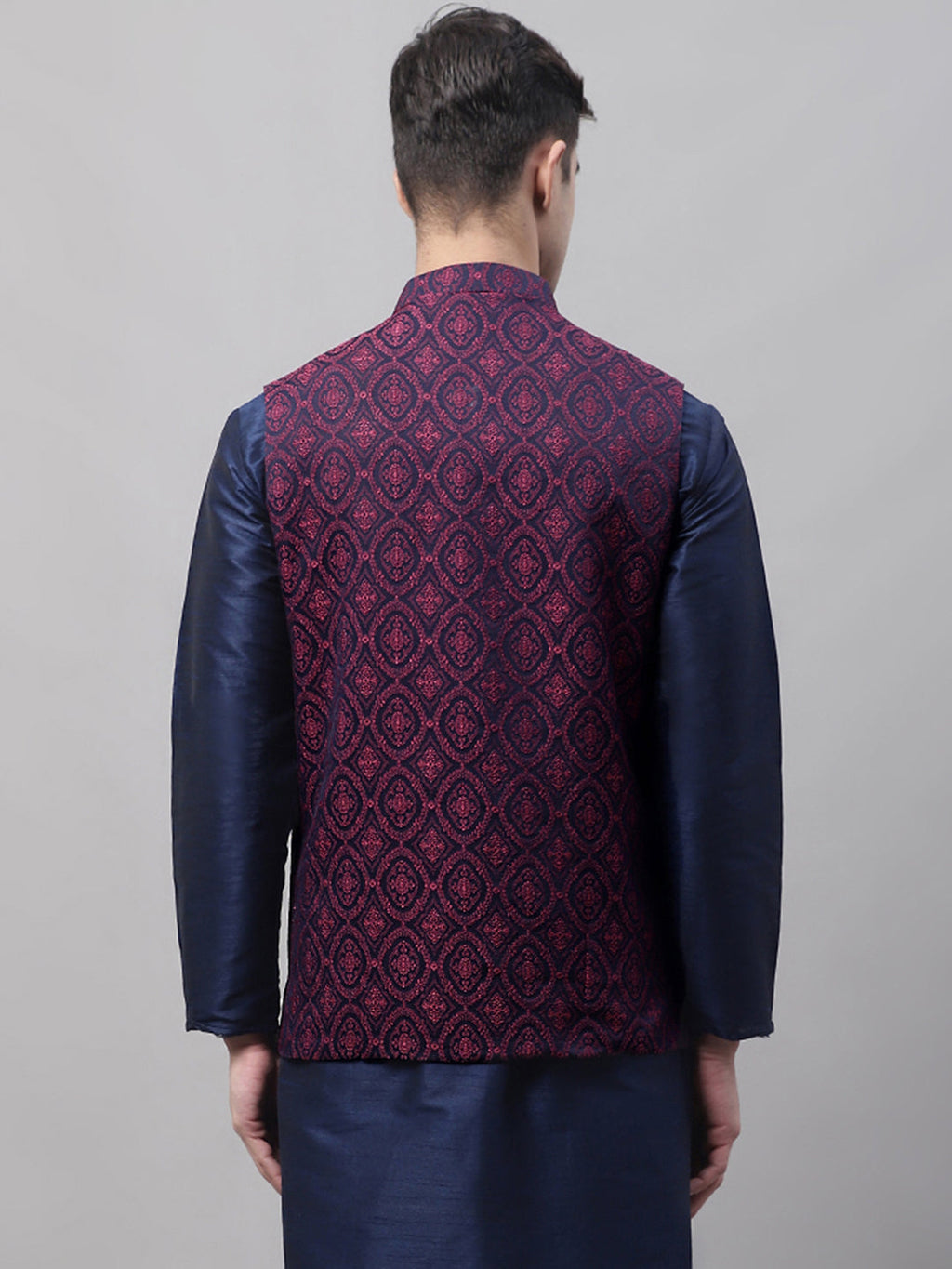 Jompers Men's Navy Blue and Maroon Woven Design Waistcoats | Grocsy