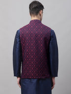 Jompers Men's Navy Blue and Maroon Woven Design Waistcoats | Grocsy
