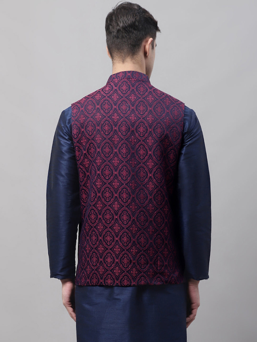 Jompers Men's Navy Blue and Maroon Woven Design Waistcoats | Grocsy