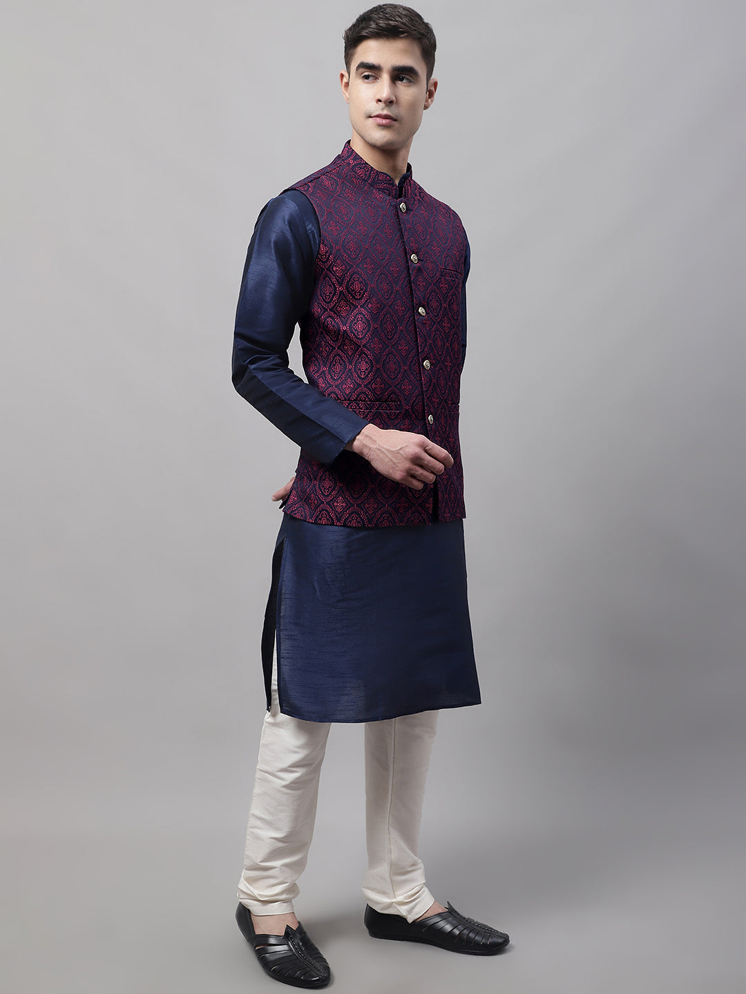 Jompers Men's Navy Blue and Maroon Woven Design Waistcoats | Grocsy