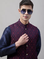 Jompers Men's Navy Blue and Maroon Woven Design Waistcoats | Grocsy