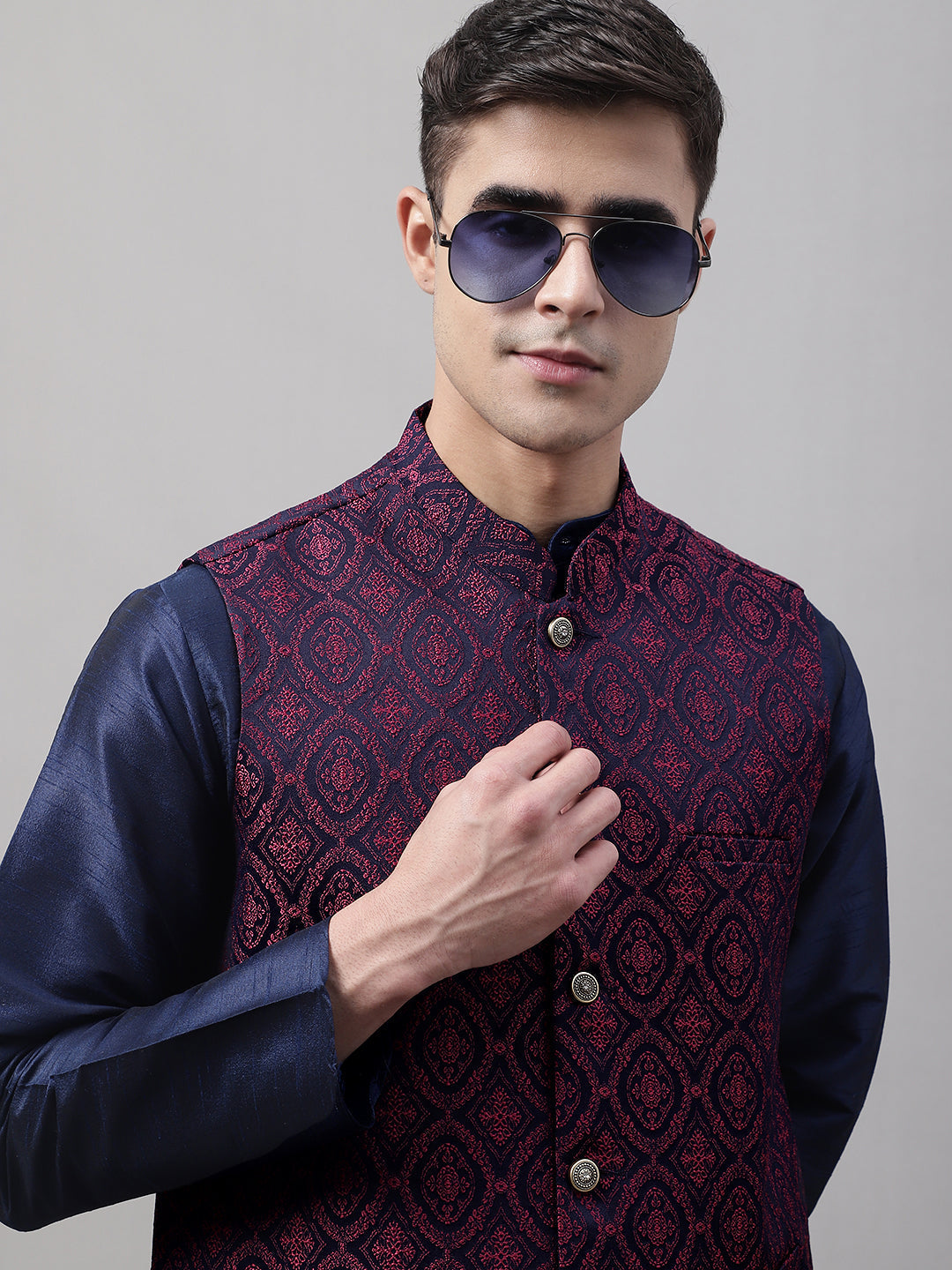 Jompers Men's Navy Blue and Maroon Woven Design Waistcoats | Grocsy
