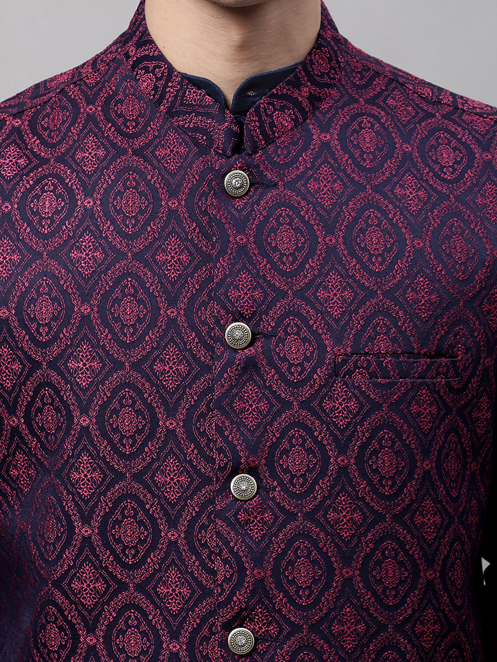 Jompers Men's Navy Blue and Maroon Woven Design Waistcoats | Grocsy