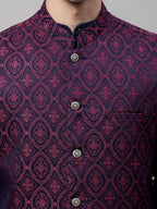 Jompers Men's Navy Blue and Maroon Woven Design Waistcoats | Grocsy