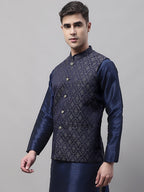 Jompers Men's Navy Blue and Silver Woven Design Waistcoats | Grocsy