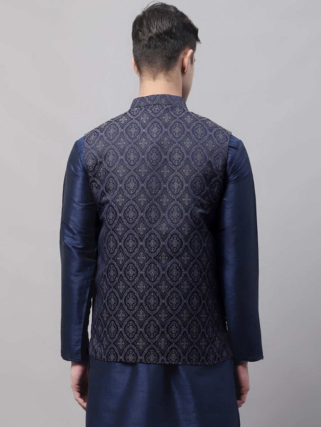 Jompers Men's Navy Blue and Silver Woven Design Waistcoats | Grocsy