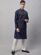 Jompers Men's Navy Blue and Silver Woven Design Waistcoats | Grocsy