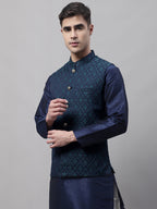 Jompers Men's Navy Blue and Green Woven Design Waistcoats | Grocsy
