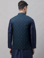 Jompers Men's Navy Blue and Green Woven Design Waistcoats | Grocsy