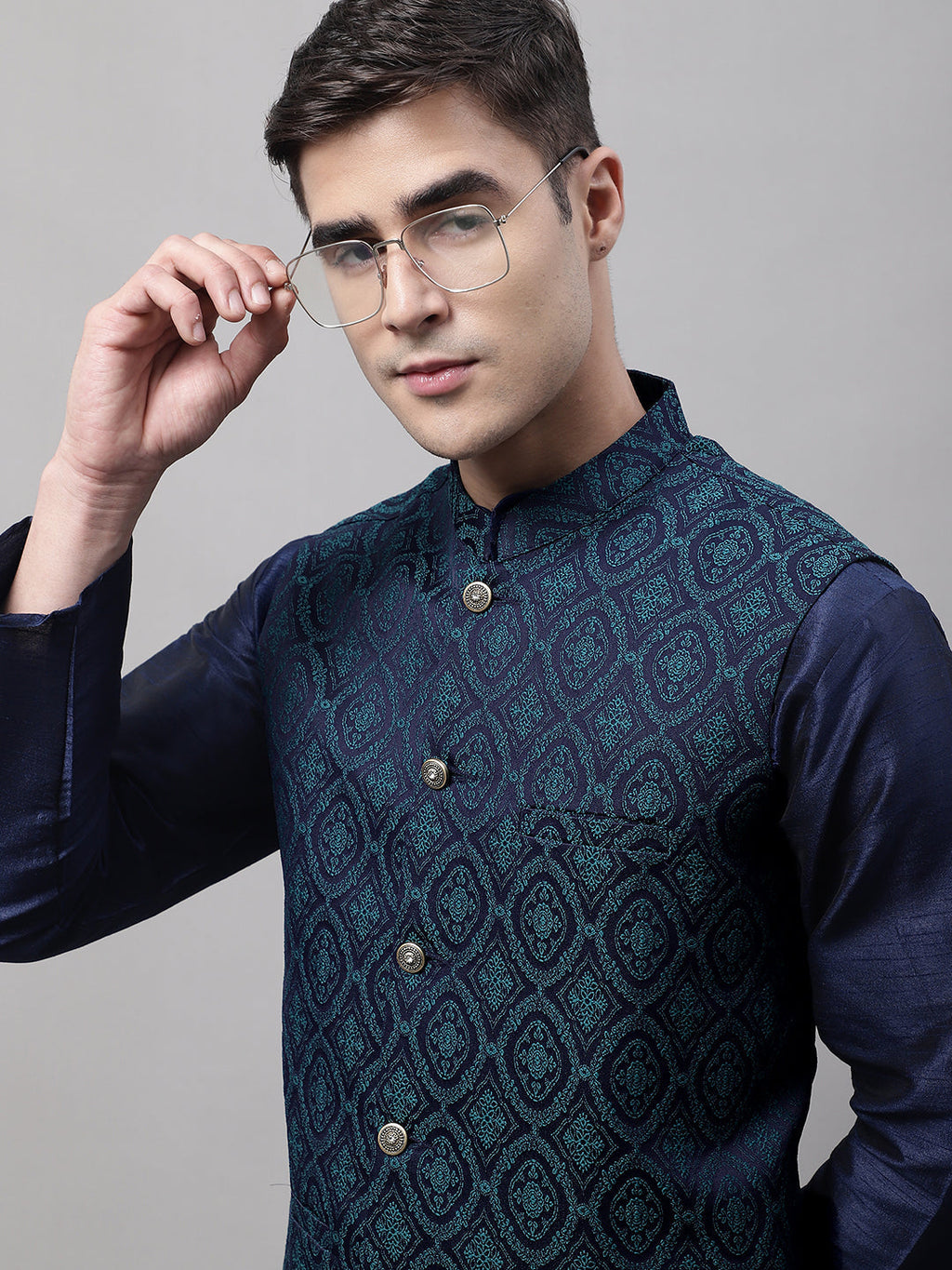 Jompers Men's Navy Blue and Green Woven Design Waistcoats | Grocsy