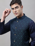 Jompers Men's Navy Blue and Green Woven Design Waistcoats | Grocsy