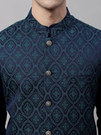 Jompers Men's Navy Blue and Green Woven Design Waistcoats | Grocsy