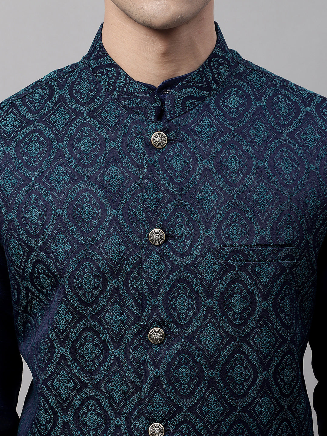 Jompers Men's Navy Blue and Green Woven Design Waistcoats | Grocsy