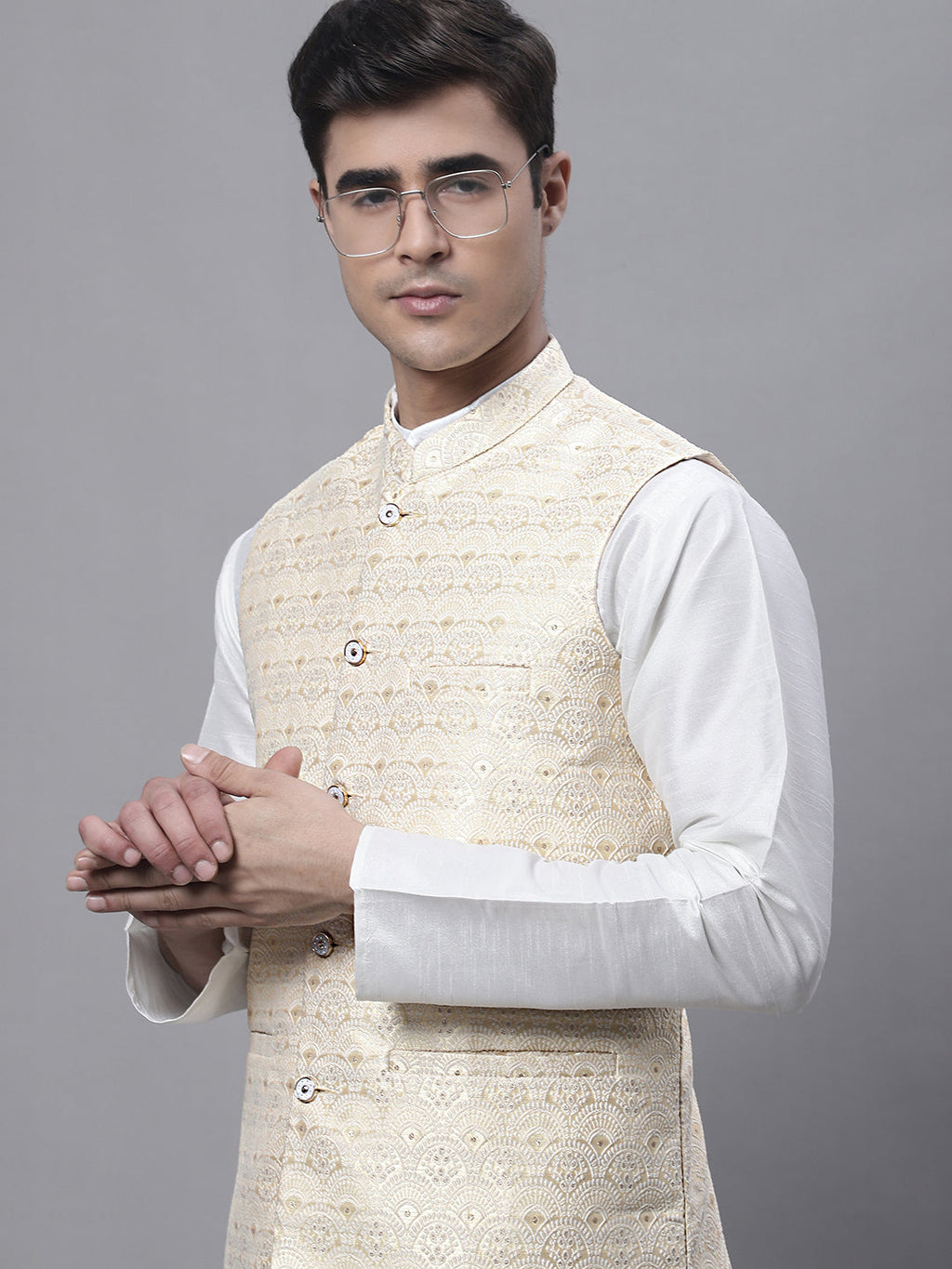 Jompers Men's Yellow and White Woven Design Nehru Jacket | Grocsy