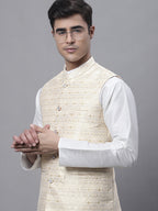Jompers Men's Yellow and White Woven Design Nehru Jacket | Grocsy