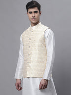 Jompers Men's Yellow and White Woven Design Nehru Jacket | Grocsy