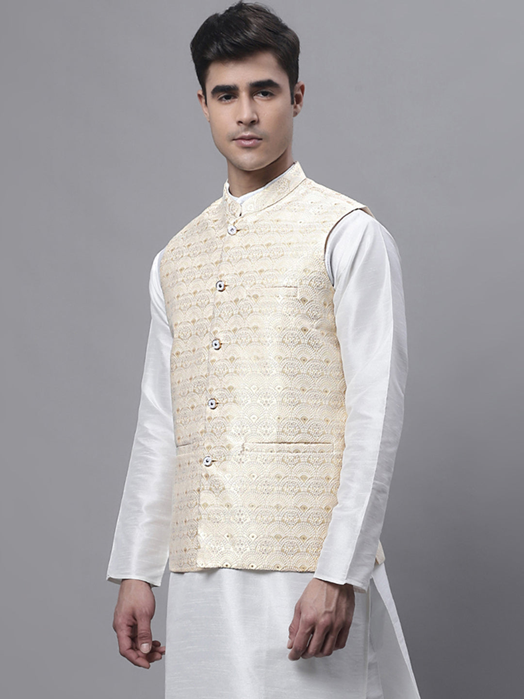 Jompers Men's Yellow and White Woven Design Nehru Jacket | Grocsy