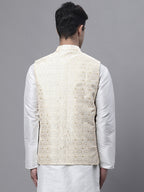 Jompers Men's Yellow and White Woven Design Nehru Jacket | Grocsy