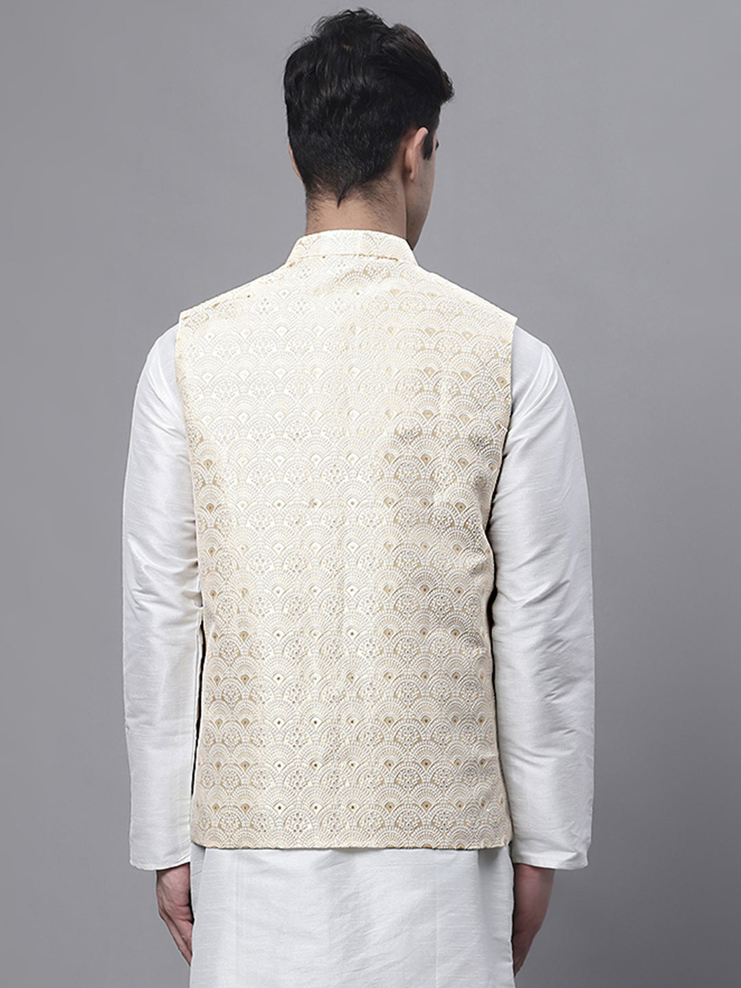 Jompers Men's Yellow and White Woven Design Nehru Jacket | Grocsy
