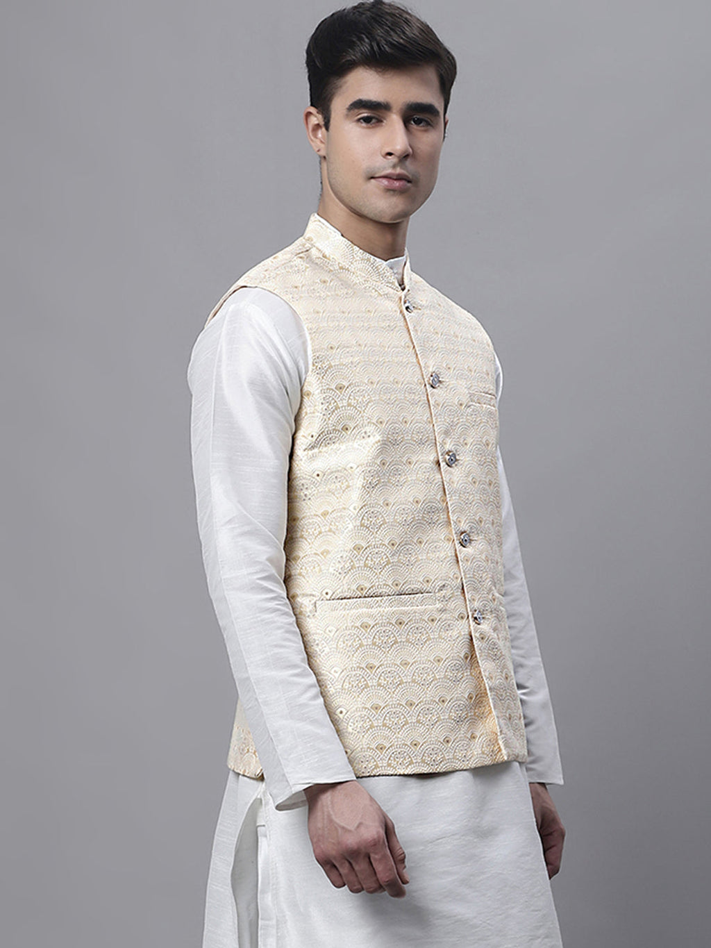 Jompers Men's Yellow and White Woven Design Nehru Jacket | Grocsy