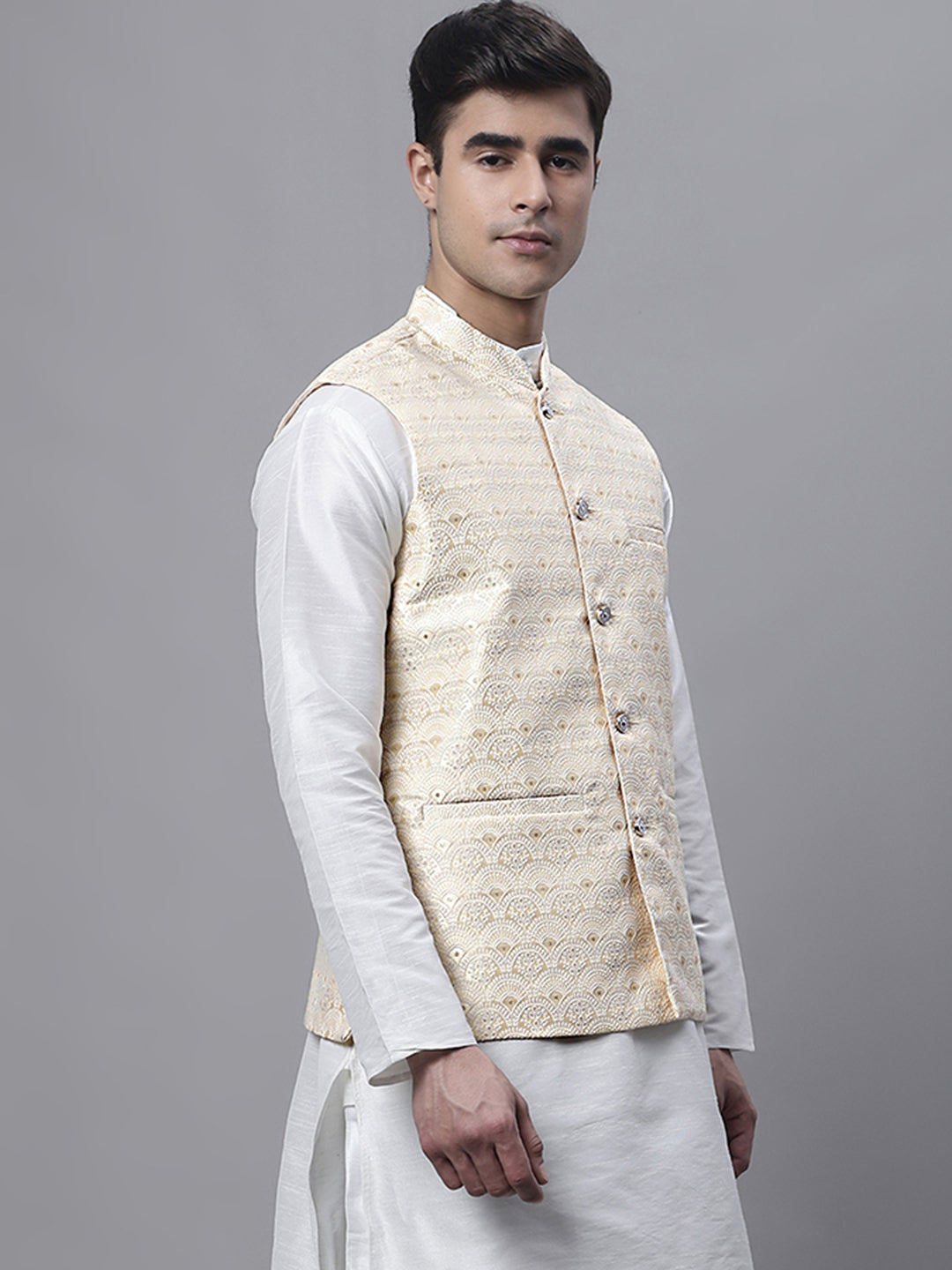 Jompers Men's Yellow and White Woven Design Nehru Jacket | Grocsy