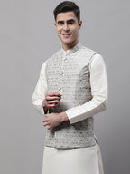 Jompers Men's Grey and White Woven Design Waistcoats | Grocsy
