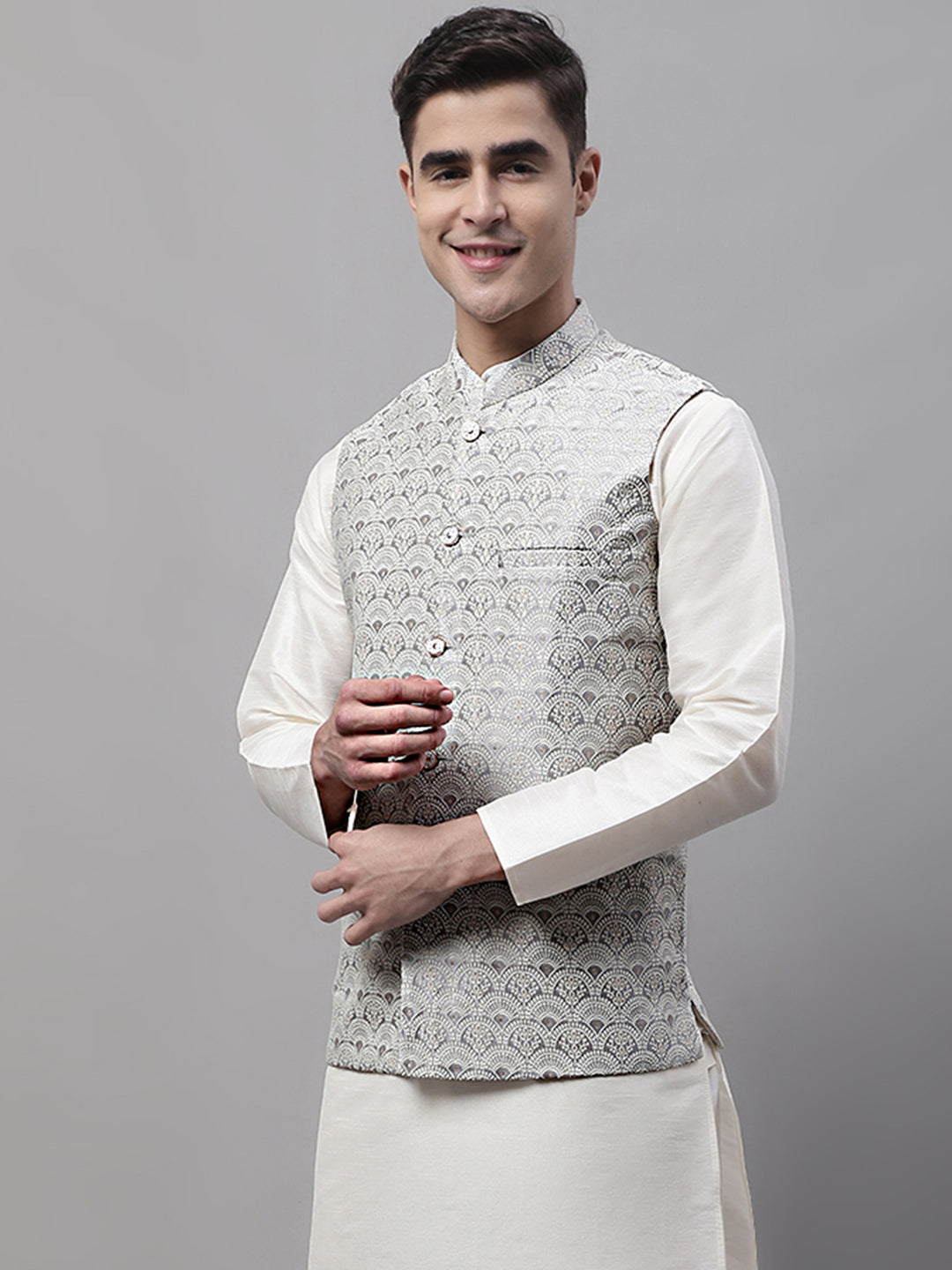 Jompers Men's Grey and White Woven Design Waistcoats | Grocsy