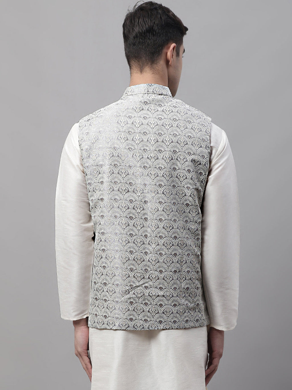Jompers Men's Grey and White Woven Design Waistcoats | Grocsy