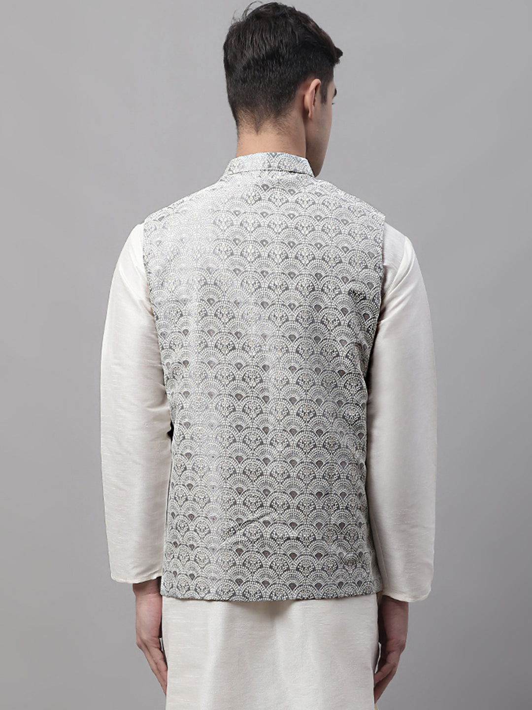 Jompers Men's Grey and White Woven Design Waistcoats | Grocsy