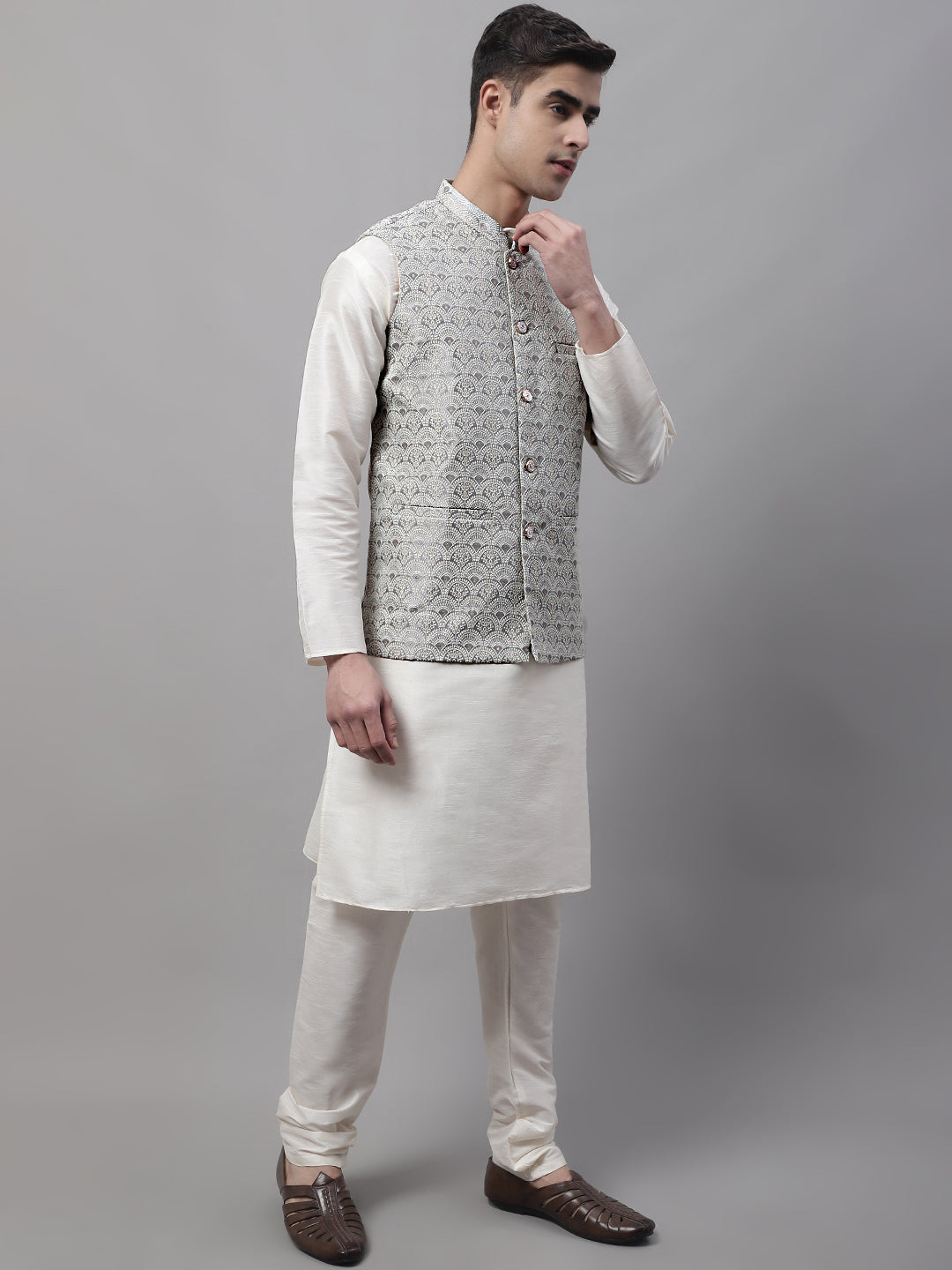 Jompers Men's Grey and White Woven Design Waistcoats | Grocsy