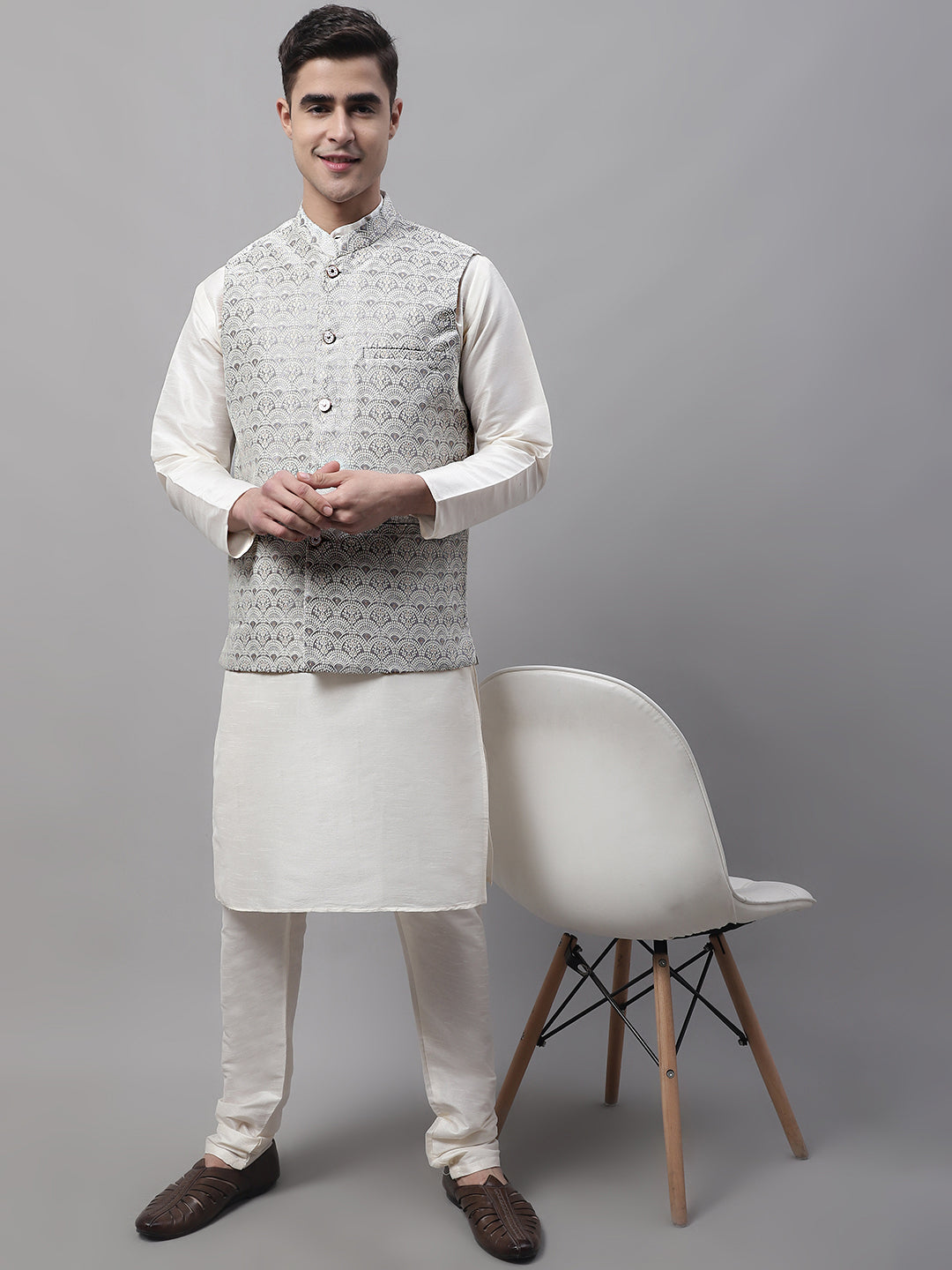 Jompers Men's Grey and White Woven Design Waistcoats | Grocsy