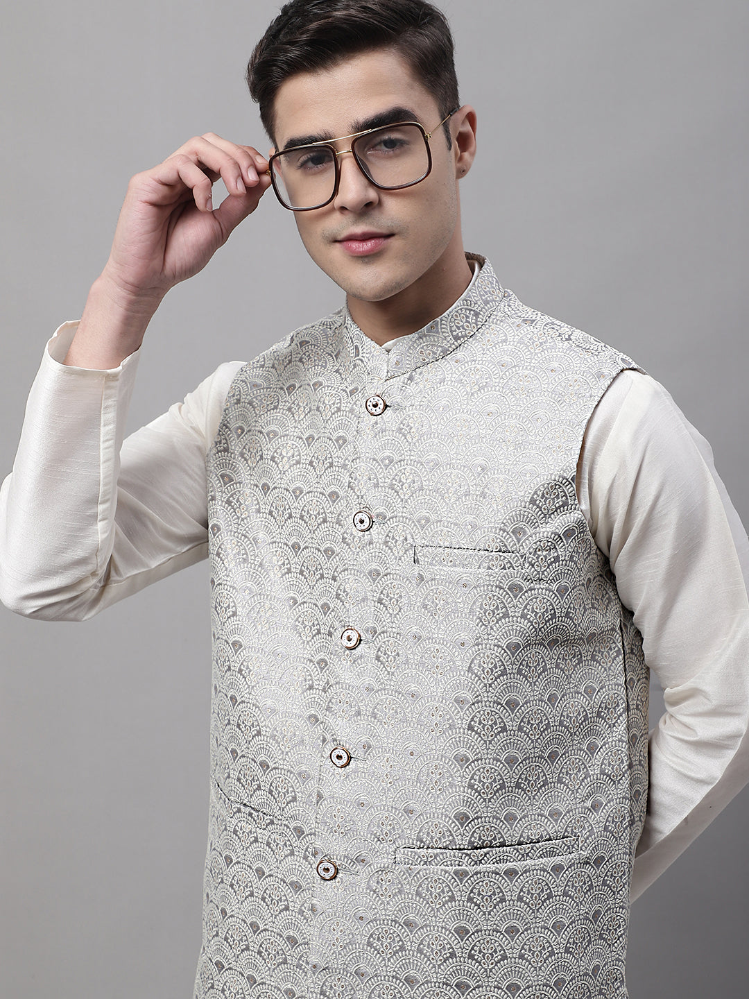 Jompers Men's Grey and White Woven Design Waistcoats | Grocsy