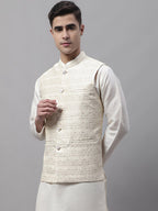 Jompers Men's Off White Woven Design Waistcoats | Grocsy