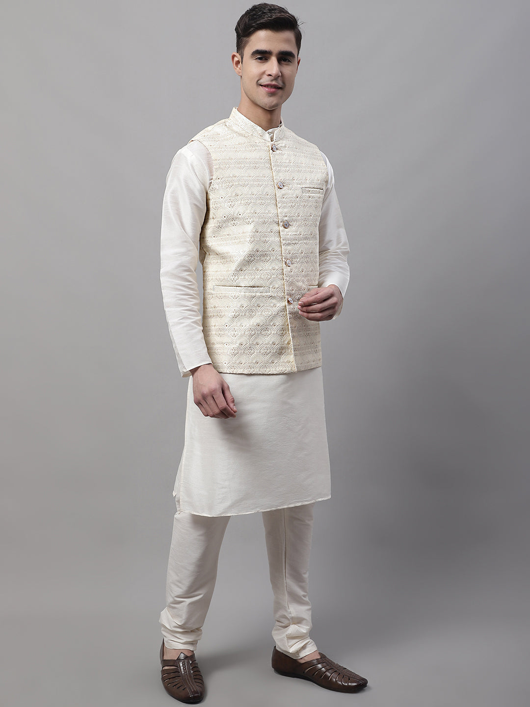Jompers Men's Off White Woven Design Waistcoats | Grocsy