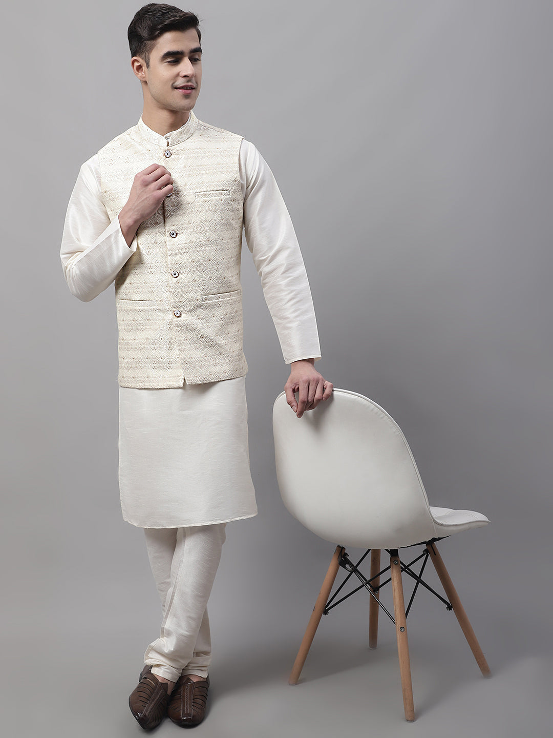 Jompers Men's Off White Woven Design Waistcoats | Grocsy
