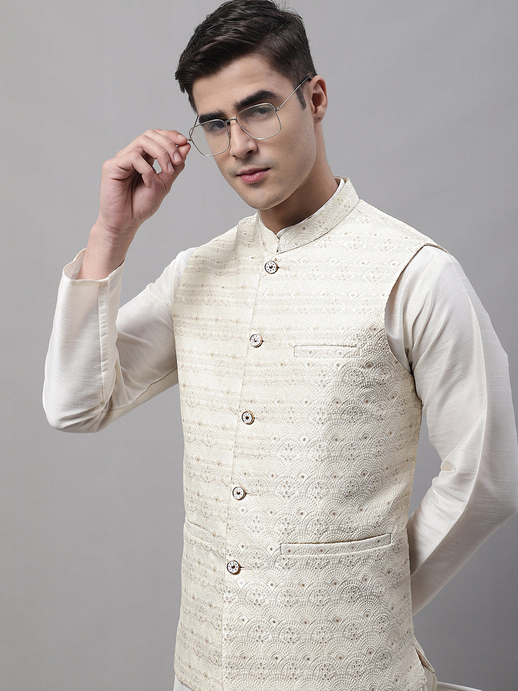 Jompers Men's Off White Woven Design Waistcoats | Grocsy