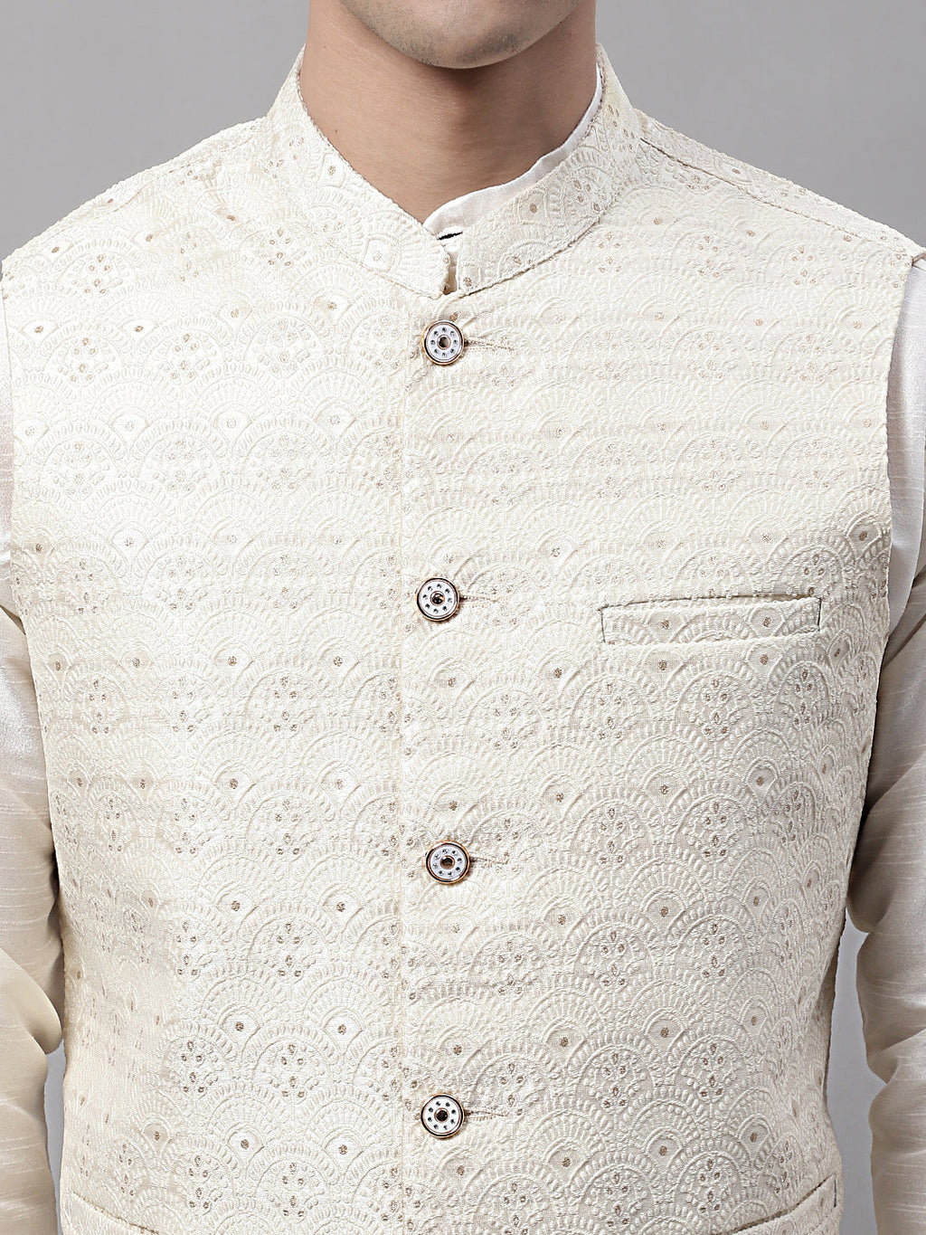 Jompers Men's Off White Woven Design Waistcoats | Grocsy