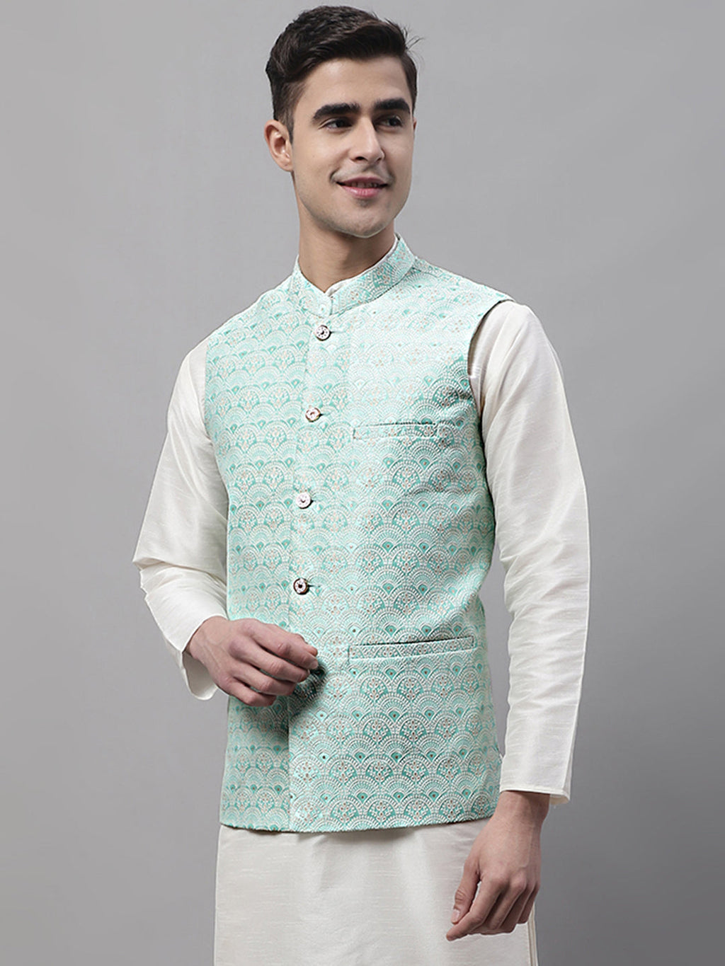 Jompers Men's Sky Blue and White Woven Design Waistcoats | Grocsy