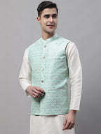 Jompers Men's Sky Blue and White Woven Design Waistcoats | Grocsy