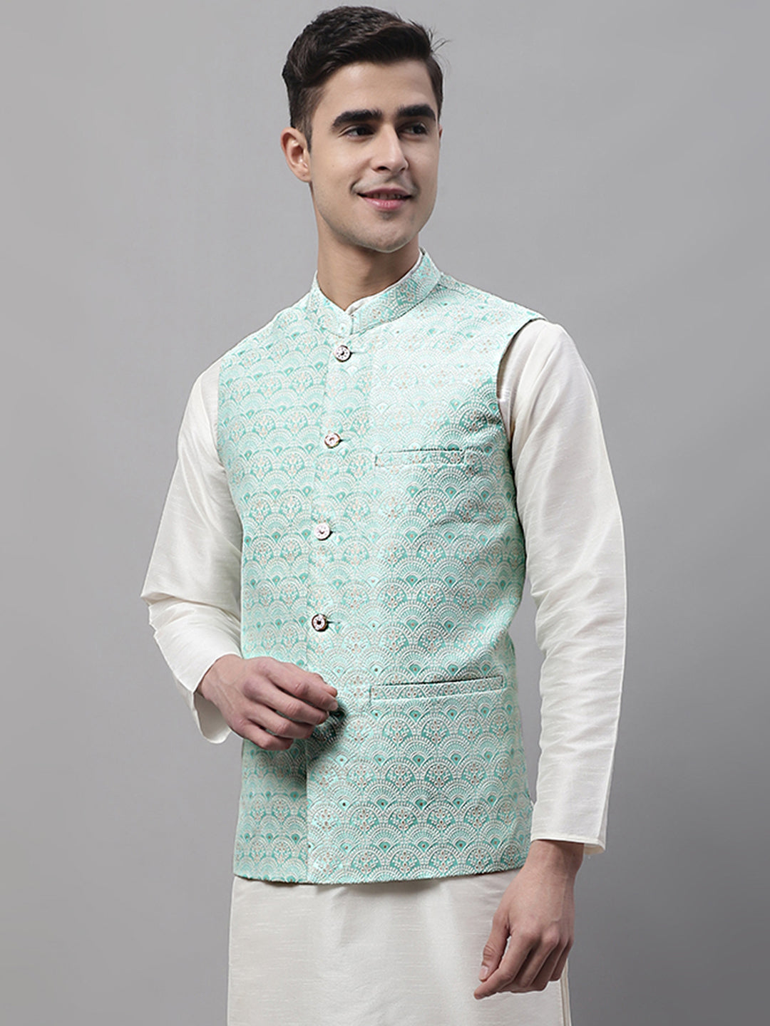 Jompers Men's Sky Blue and White Woven Design Waistcoats | Grocsy