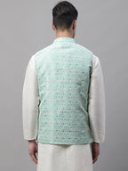 Jompers Men's Sky Blue and White Woven Design Waistcoats | Grocsy