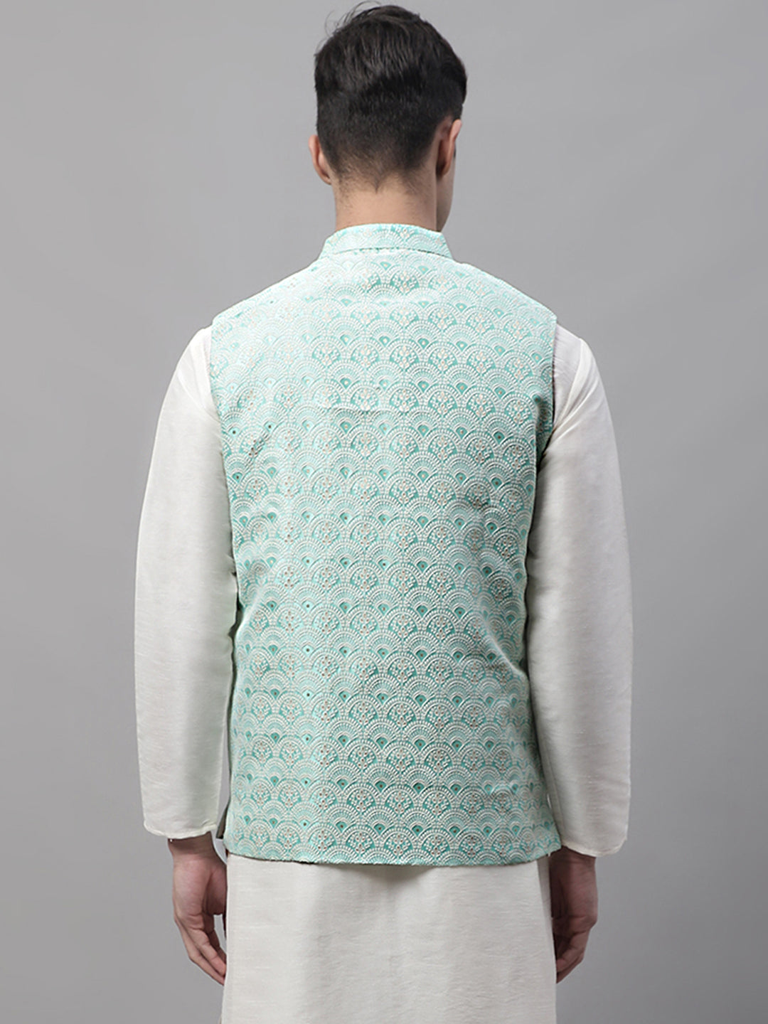 Jompers Men's Sky Blue and White Woven Design Waistcoats | Grocsy