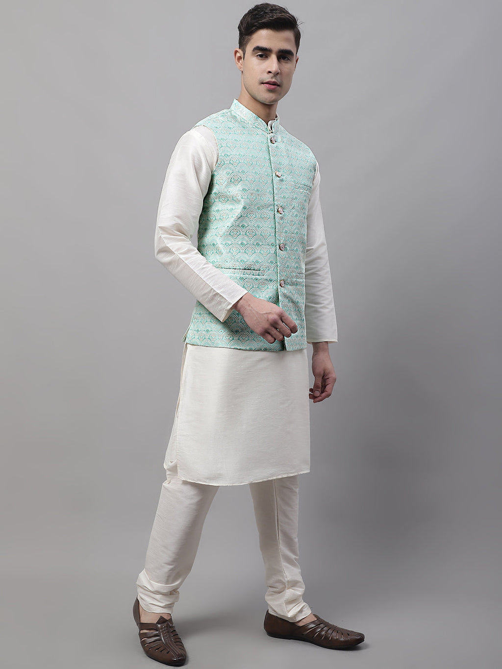 Jompers Men's Sky Blue and White Woven Design Waistcoats | Grocsy