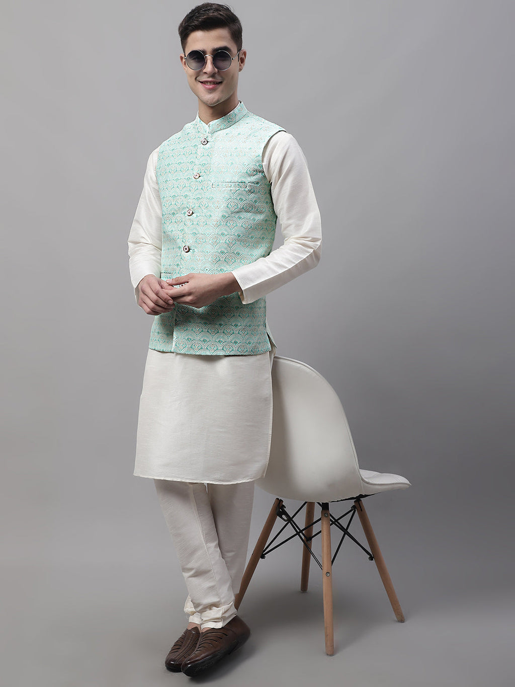 Jompers Men's Sky Blue and White Woven Design Waistcoats | Grocsy