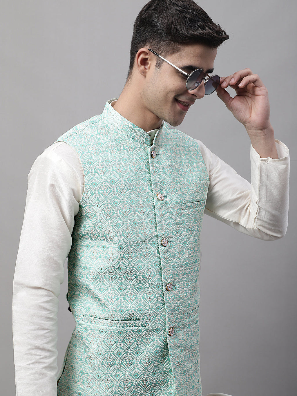 Jompers Men's Sky Blue and White Woven Design Waistcoats | Grocsy
