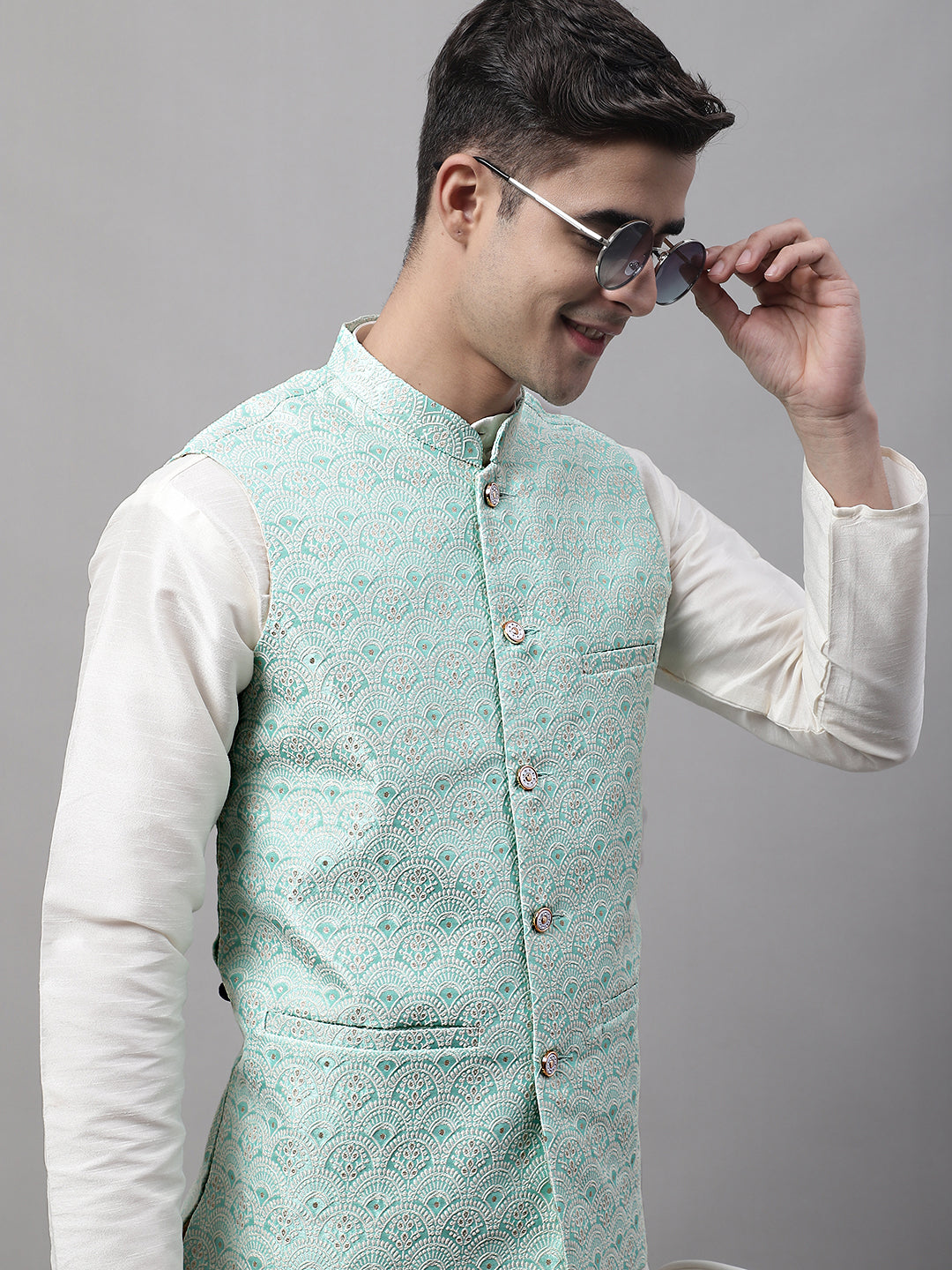 Jompers Men's Sky Blue and White Woven Design Waistcoats | Grocsy