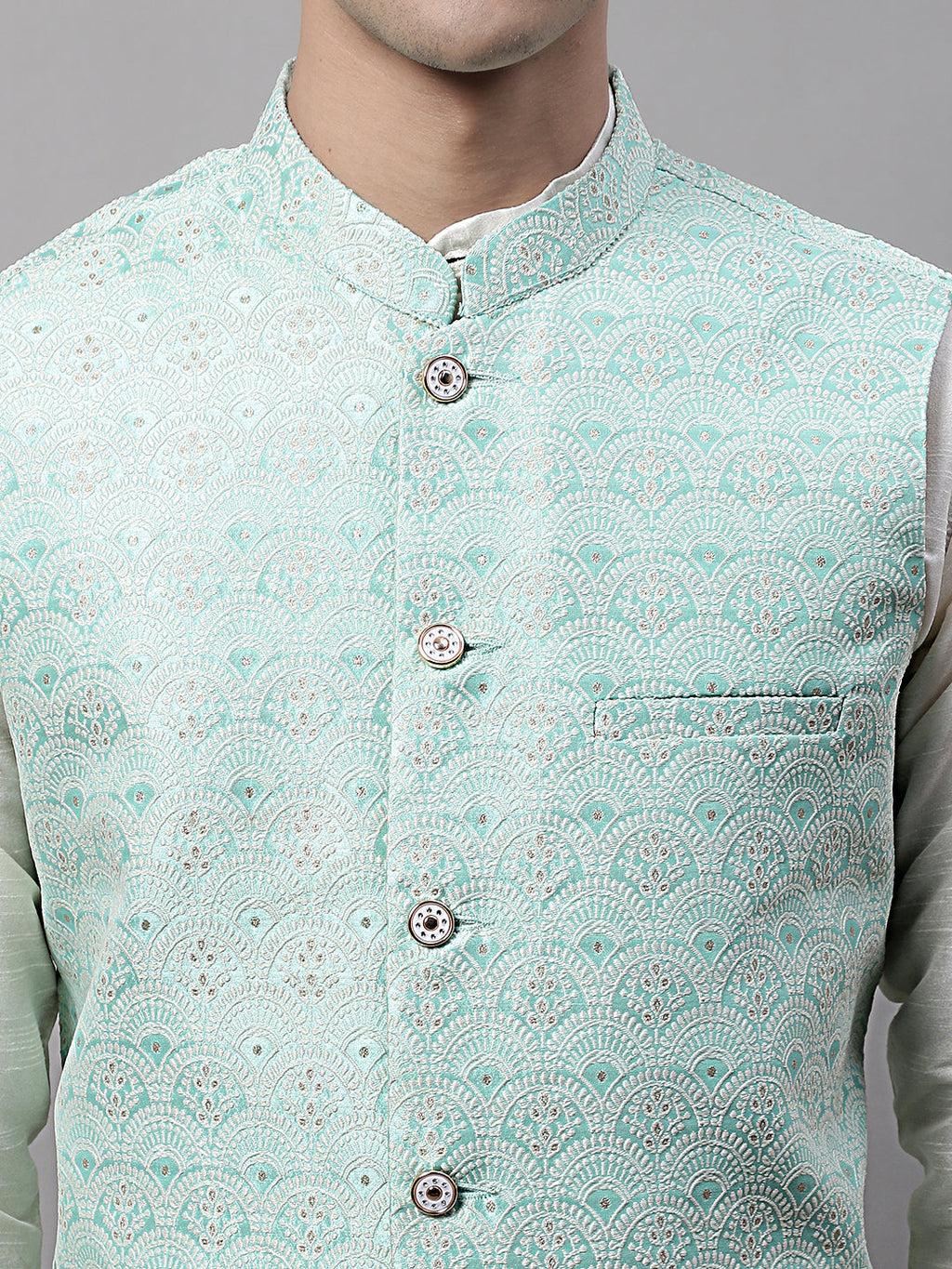 Jompers Men's Sky Blue and White Woven Design Waistcoats | Grocsy
