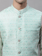 Jompers Men's Sky Blue and White Woven Design Waistcoats | Grocsy