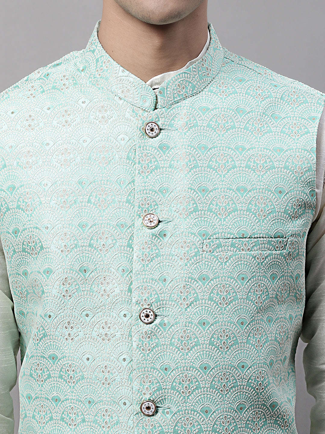 Jompers Men's Sky Blue and White Woven Design Waistcoats | Grocsy