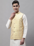 Jompers Men's Yellow and White Woven Design Waistcoats | Grocsy